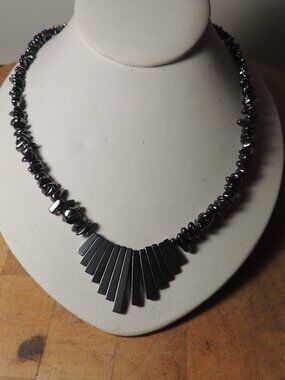 Hematite Beaded Necklace Graduated Bar Fringe Vintage